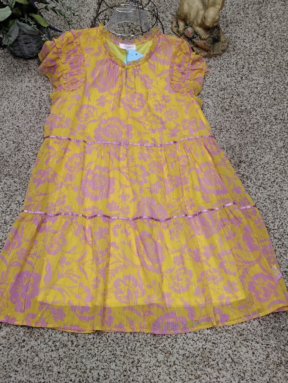 4078 Size XL Umgee Yellow & Pink Floral Tiered Dress, NWT.